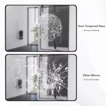 Miroir mural rectangulaire moderne avec cadre en métal noir et coins arrondis - Montage vertical ou horizontal - Parfait pour salle de bain