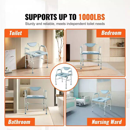 Chaise de toilettes d'appoint avec accoudoirs rabattables, capacité de 450 kg, hauteur réglable sur 5 niveaux