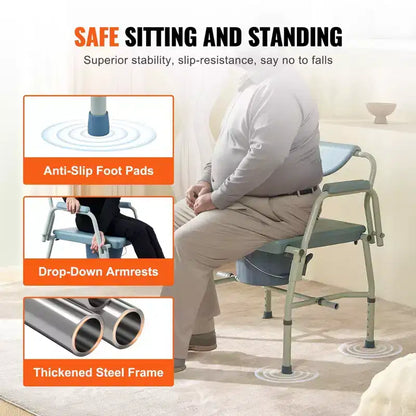 Chaise de toilettes d'appoint avec accoudoirs rabattables, capacité de 450 kg, hauteur réglable sur 5 niveaux
