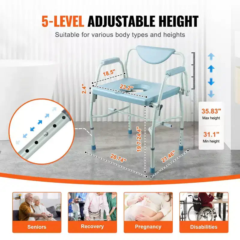 Chaise de toilettes d'appoint avec accoudoirs rabattables, capacité de 450 kg, hauteur réglable sur 5 niveaux