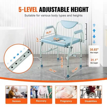 Chaise de toilettes d'appoint avec accoudoirs rabattables, capacité de 450 kg, hauteur réglable sur 5 niveaux