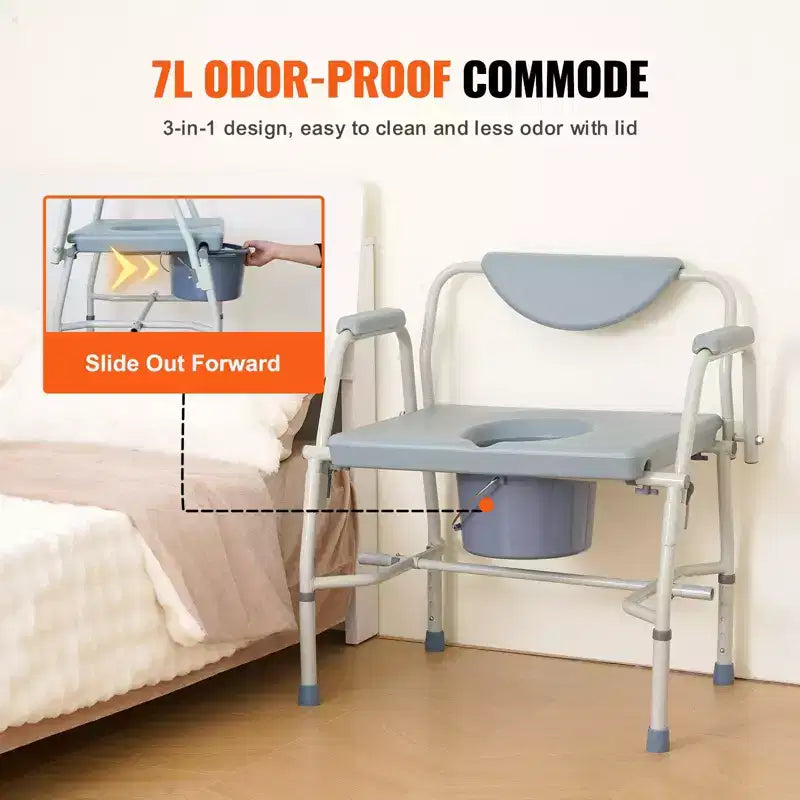Chaise de toilettes d'appoint avec accoudoirs rabattables, capacité de 450 kg, hauteur réglable sur 5 niveaux