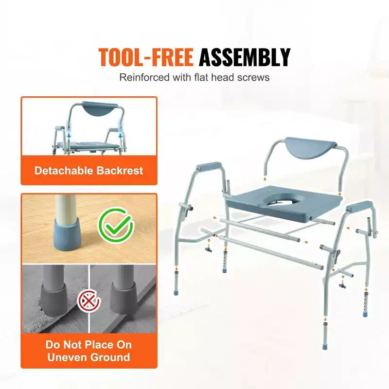 Chaise de toilettes d'appoint avec accoudoirs rabattables, capacité de 450 kg, hauteur réglable sur 5 niveaux