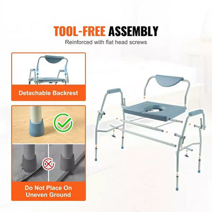 Chaise de toilettes d'appoint avec accoudoirs rabattables, capacité de 450 kg, hauteur réglable sur 5 niveaux