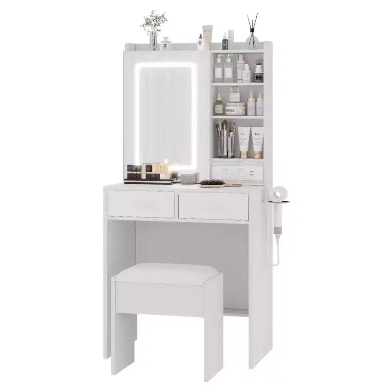 Coiffeuse Moderne avec 2 Tiroirs, Étagères Ouvertes, Station de Recharge, Ports USB, Prises Électriques, Tabouret Rembourré – Ensemble Coiffeuse pour Chambre