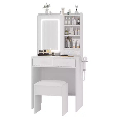 Coiffeuse Moderne avec 2 Tiroirs, Étagères Ouvertes, Station de Recharge, Ports USB, Prises Électriques, Tabouret Rembourré – Ensemble Coiffeuse pour Chambre