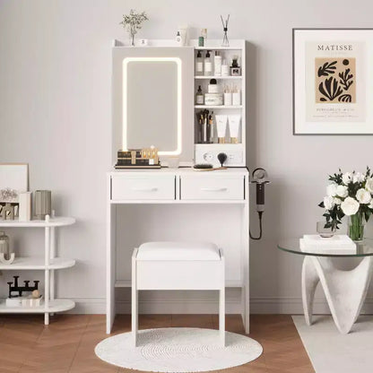 Coiffeuse Moderne avec 2 Tiroirs, Étagères Ouvertes, Station de Recharge, Ports USB, Prises Électriques, Tabouret Rembourré – Ensemble Coiffeuse pour Chambre