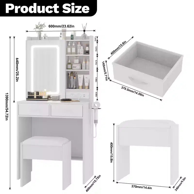 Coiffeuse Moderne avec 2 Tiroirs, Étagères Ouvertes, Station de Recharge, Ports USB, Prises Électriques, Tabouret Rembourré – Ensemble Coiffeuse pour Chambre