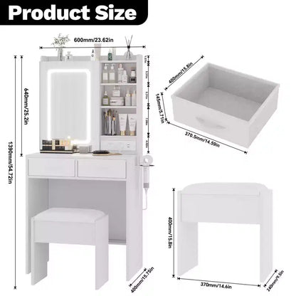 Coiffeuse Moderne avec 2 Tiroirs, Étagères Ouvertes, Station de Recharge, Ports USB, Prises Électriques, Tabouret Rembourré – Ensemble Coiffeuse pour Chambre