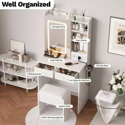 Coiffeuse Moderne avec 2 Tiroirs, Étagères Ouvertes, Station de Recharge, Ports USB, Prises Électriques, Tabouret Rembourré – Ensemble Coiffeuse pour Chambre