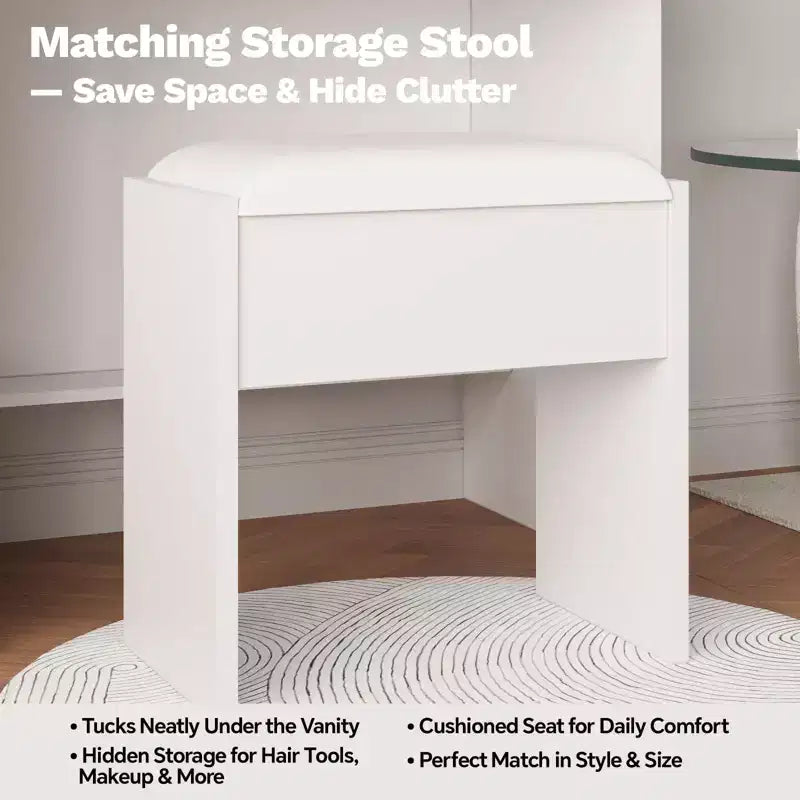 Coiffeuse Moderne avec 2 Tiroirs, Étagères Ouvertes, Station de Recharge, Ports USB, Prises Électriques, Tabouret Rembourré – Ensemble Coiffeuse pour Chambre