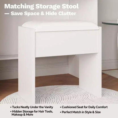 Coiffeuse Moderne avec 2 Tiroirs, Étagères Ouvertes, Station de Recharge, Ports USB, Prises Électriques, Tabouret Rembourré – Ensemble Coiffeuse pour Chambre