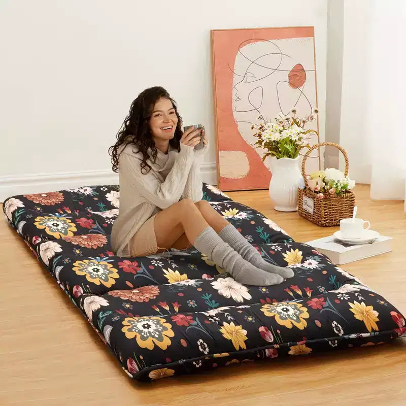 Floral Japanese Futon Floor Mattress, Thick Tatami Mat, Foldable Floor Mattress, Roll Up Dormitory Sleeping Pad, Portable Floor Mattress