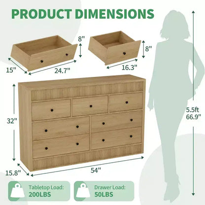 Commode à 7 tiroirs pour chambre à coucher, 137 cm de large, en bois, organiseur de rangement de style Mid-Century moderne, meuble TV de style ferme pour entrée