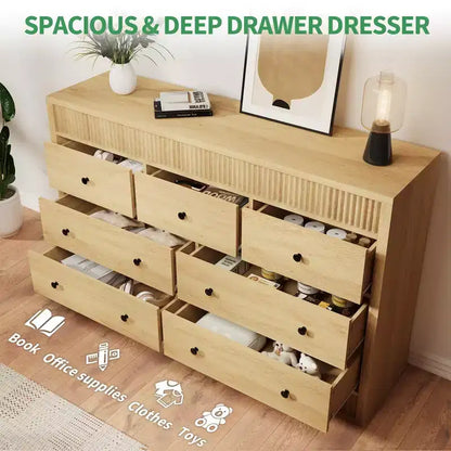 Commode à 7 tiroirs pour chambre à coucher, 137 cm de large, en bois, organiseur de rangement de style Mid-Century moderne, meuble TV de style ferme pour entrée