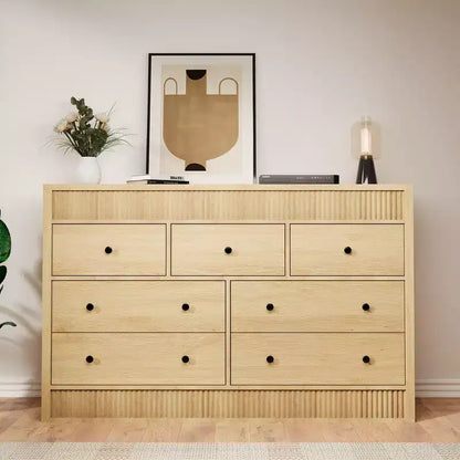 Commode à 7 tiroirs pour chambre à coucher, 137 cm de large, en bois, organiseur de rangement de style Mid-Century moderne, meuble TV de style ferme pour entrée