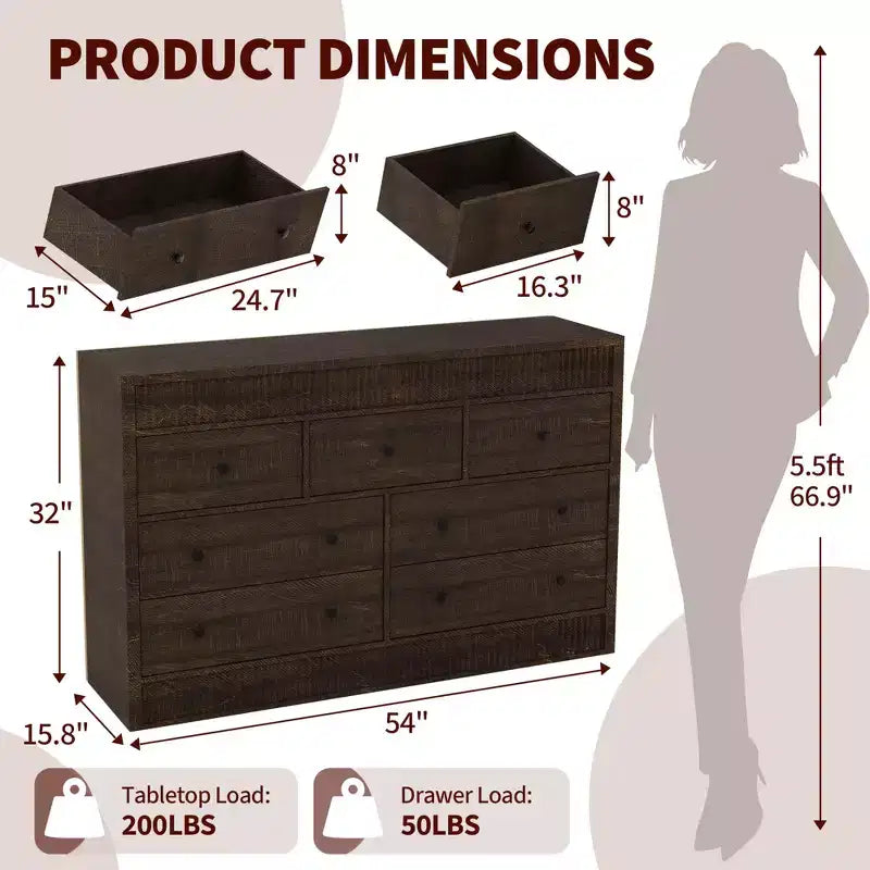 Commode à 7 tiroirs pour chambre à coucher, 137 cm de large, en bois, organiseur de rangement de style Mid-Century moderne, meuble TV de style ferme pour entrée