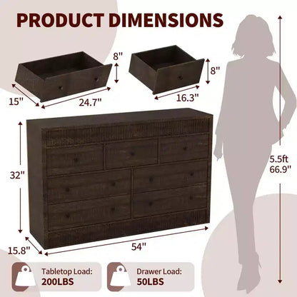 Commode à 7 tiroirs pour chambre à coucher, 137 cm de large, en bois, organiseur de rangement de style Mid-Century moderne, meuble TV de style ferme pour entrée