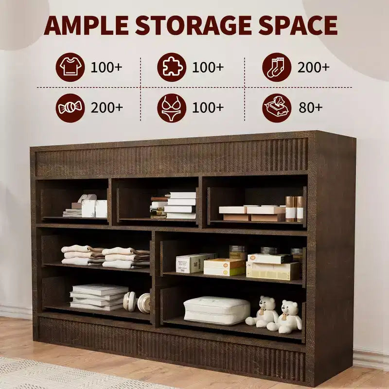 Commode à 7 tiroirs pour chambre à coucher, 137 cm de large, en bois, organiseur de rangement de style Mid-Century moderne, meuble TV de style ferme pour entrée