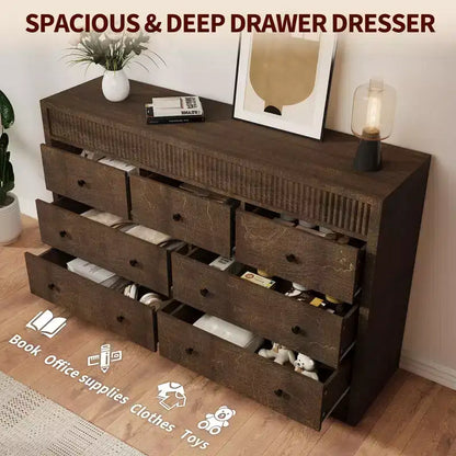 Commode à 7 tiroirs pour chambre à coucher, 137 cm de large, en bois, organiseur de rangement de style Mid-Century moderne, meuble TV de style ferme pour entrée