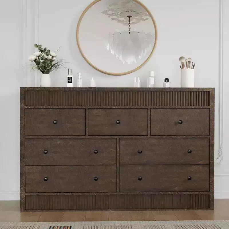 7 Drawer Dresser for Bedroom, 54'' Wide Wooden Dressers, Mid Century Modern Chest of Drawers Storage Organizer,Farmhouse TV Stand for Entryway