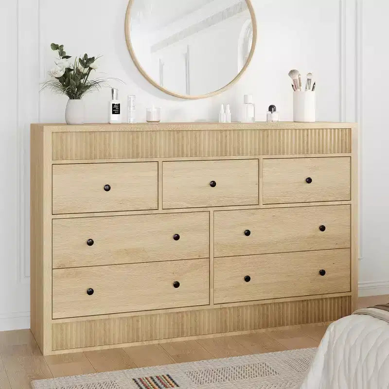 Commode à 7 tiroirs pour chambre à coucher, 137 cm de large, en bois, organiseur de rangement de style Mid-Century moderne, meuble TV de style ferme pour entrée