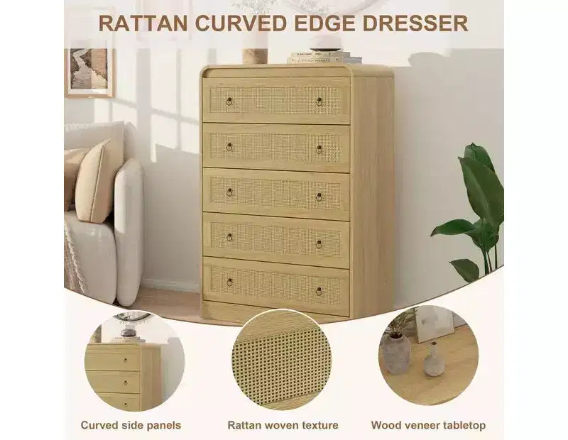Commode 5 tiroirs pour chambre à coucher, commode moderne en rotin, commode moderne avec poignée en métal, commode en bois meuble TV pour chambre à coucher
