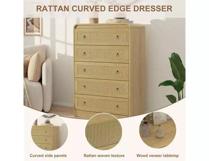 Commode 5 tiroirs pour chambre à coucher, commode moderne en rotin, commode moderne avec poignée en métal, commode en bois meuble TV pour chambre à coucher