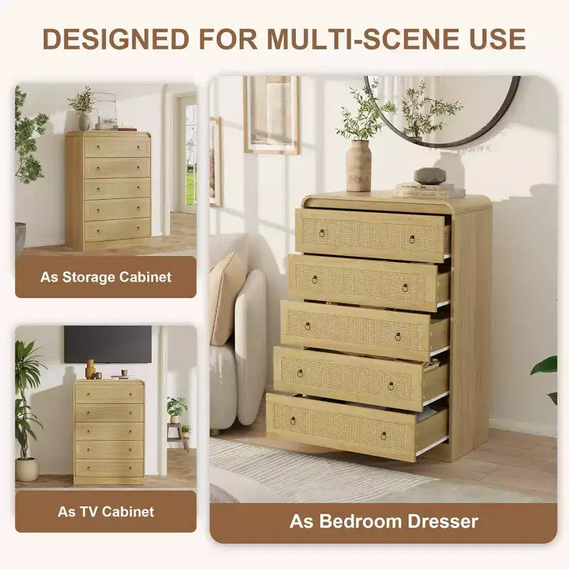 Commode 5 tiroirs pour chambre à coucher, commode moderne en rotin, commode moderne avec poignée en métal, commode en bois meuble TV pour chambre à coucher