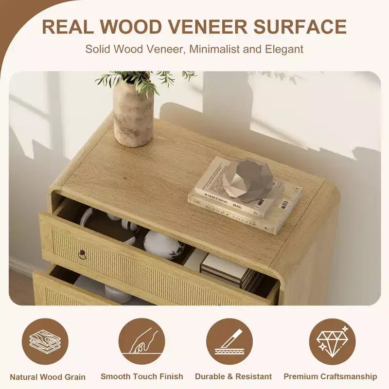 Commode 5 tiroirs pour chambre à coucher, commode moderne en rotin, commode moderne avec poignée en métal, commode en bois meuble TV pour chambre à coucher