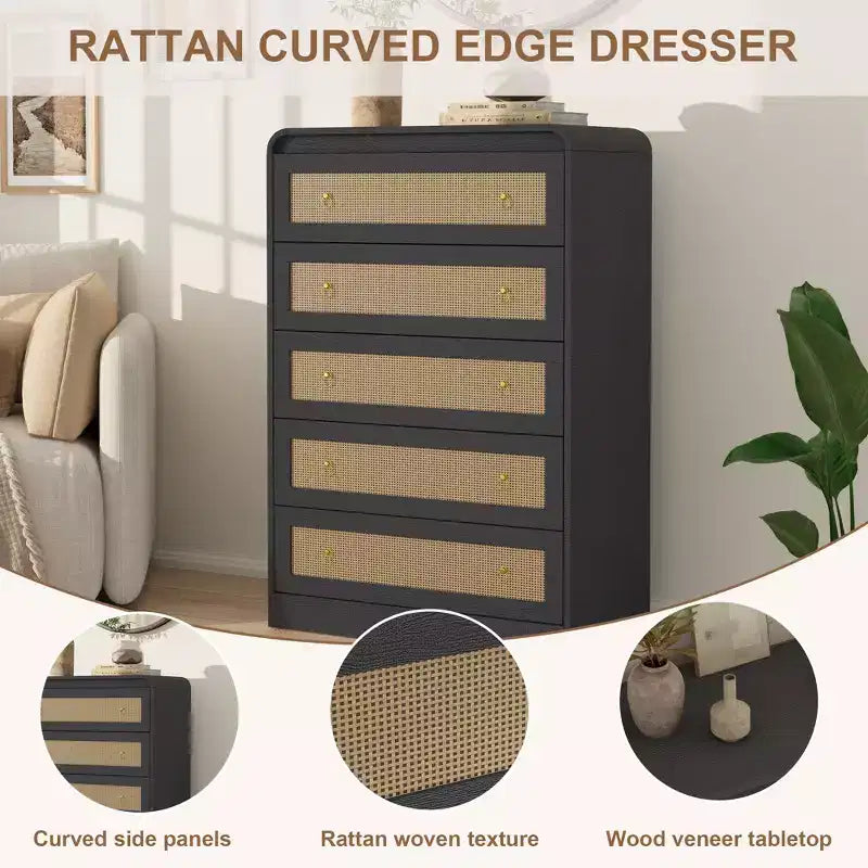 Commode 5 tiroirs pour chambre à coucher, commode moderne en rotin, commode moderne avec poignée en métal, commode en bois meuble TV pour chambre à coucher
