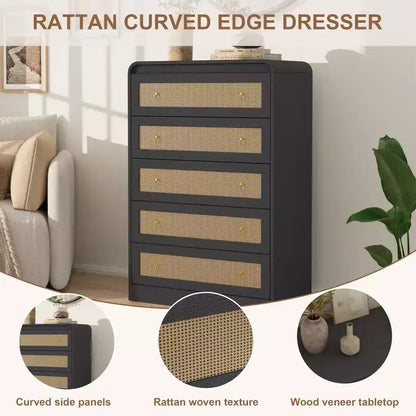 Commode 5 tiroirs pour chambre à coucher, commode moderne en rotin, commode moderne avec poignée en métal, commode en bois meuble TV pour chambre à coucher