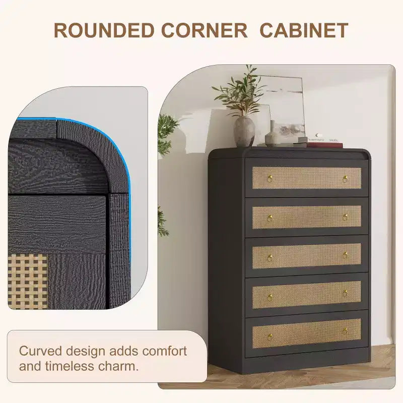 Commode 5 tiroirs pour chambre à coucher, commode moderne en rotin, commode moderne avec poignée en métal, commode en bois meuble TV pour chambre à coucher