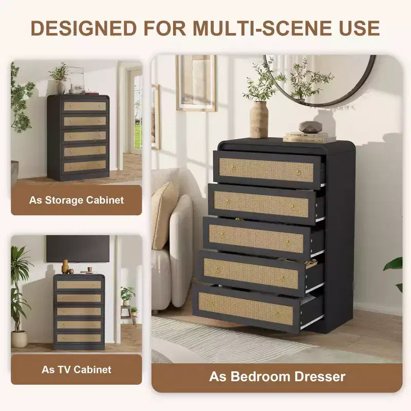 Commode 5 tiroirs pour chambre à coucher, commode moderne en rotin, commode moderne avec poignée en métal, commode en bois meuble TV pour chambre à coucher