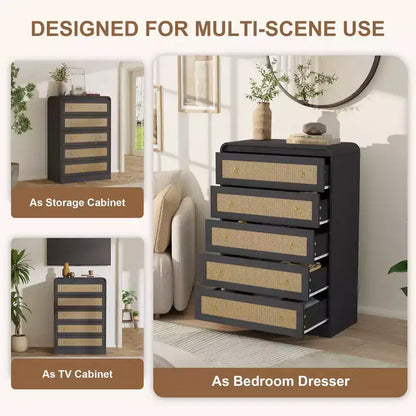 Commode 5 tiroirs pour chambre à coucher, commode moderne en rotin, commode moderne avec poignée en métal, commode en bois meuble TV pour chambre à coucher