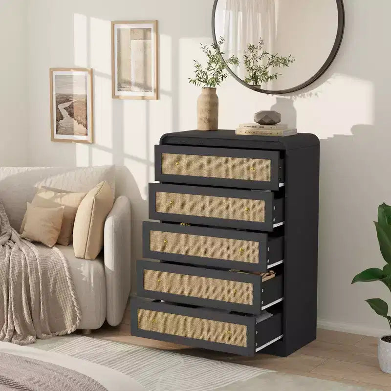 Commode 5 tiroirs pour chambre à coucher, commode moderne en rotin, commode moderne avec poignée en métal, commode en bois meuble TV pour chambre à coucher