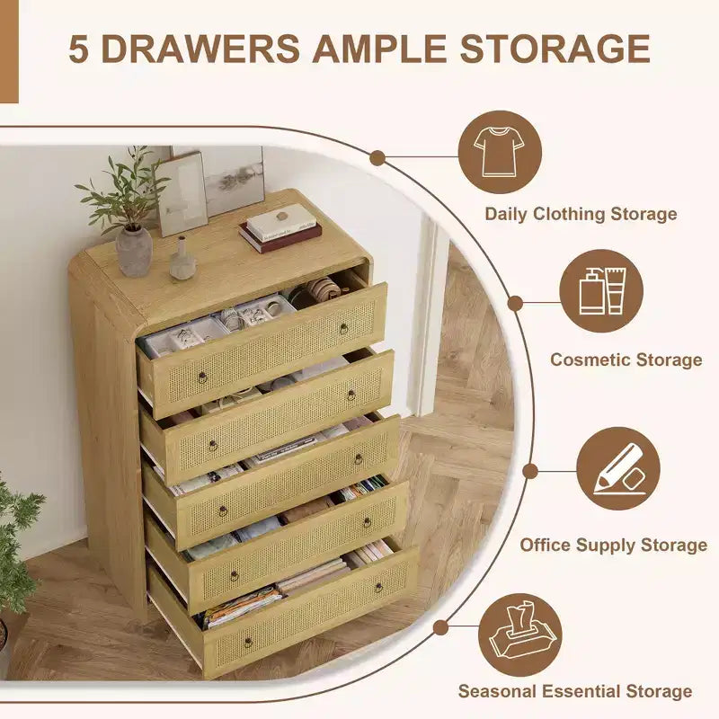 Commode 5 tiroirs pour chambre à coucher, commode moderne en rotin, commode moderne avec poignée en métal, commode en bois meuble TV pour chambre à coucher
