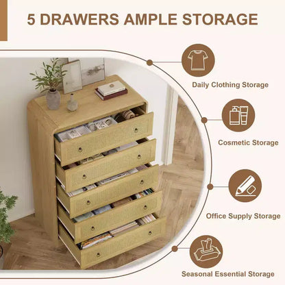 Commode 5 tiroirs pour chambre à coucher, commode moderne en rotin, commode moderne avec poignée en métal, commode en bois meuble TV pour chambre à coucher