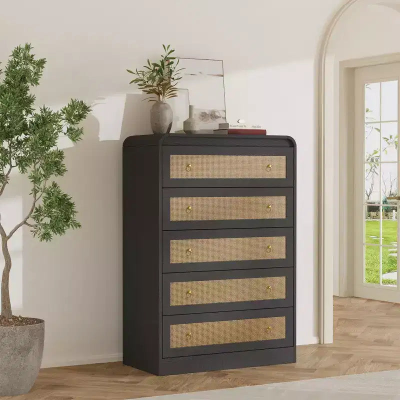 5 Drawer Dresser for Bedroom,Modern Rattan Dresser,Modern Chest of Drawers with Metal Handle,Wooden Dresser TV Stand for Bedroom