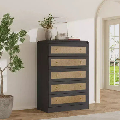 5 Drawer Dresser for Bedroom,Modern Rattan Dresser,Modern Chest of Drawers with Metal Handle,Wooden Dresser TV Stand for Bedroom