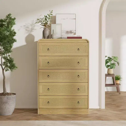 Commode 5 tiroirs pour chambre à coucher, commode moderne en rotin, commode moderne avec poignée en métal, commode en bois meuble TV pour chambre à coucher
