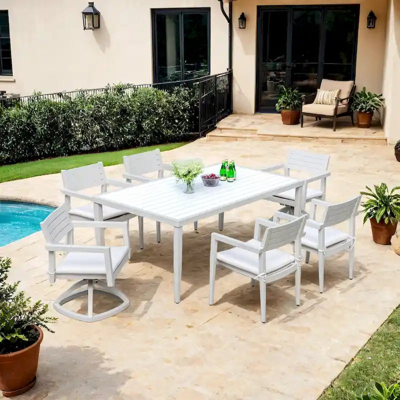 GDFStudio - Ensemble de salle à manger d'extérieur 7 pièces en aluminium blanc mat et gris avec coussins Sunbrella