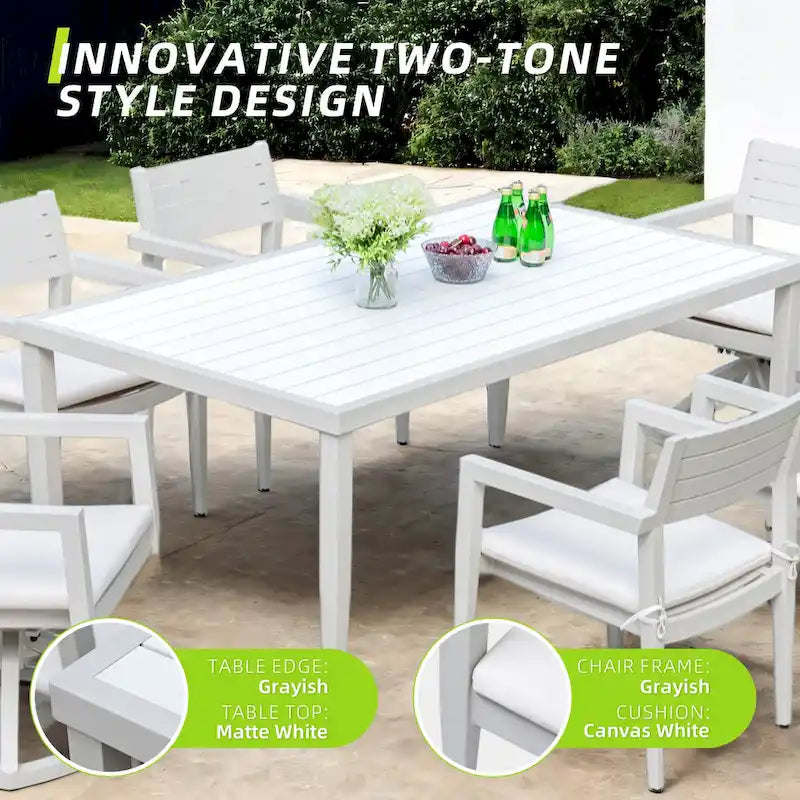 GDFStudio - Ensemble de salle à manger d'extérieur 7 pièces en aluminium blanc mat et gris avec coussins Sunbrella