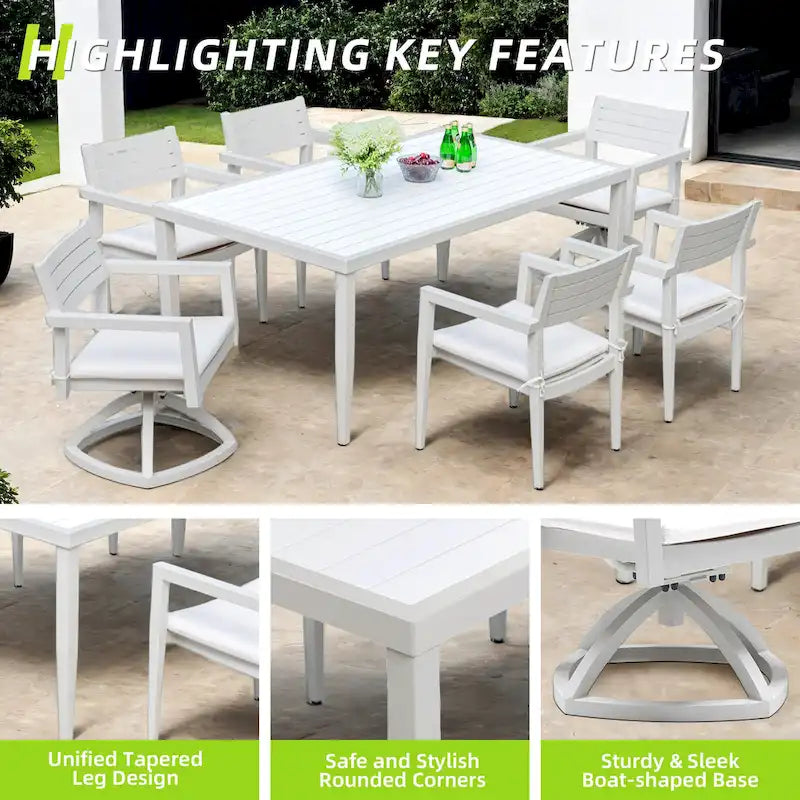 GDFStudio - Ensemble de salle à manger d'extérieur 7 pièces en aluminium blanc mat et gris avec coussins Sunbrella