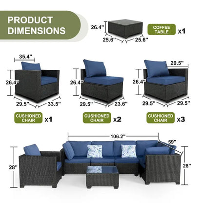 Ensembles de mobilier de patio 7 pièces avec coussins bleus et table basse
