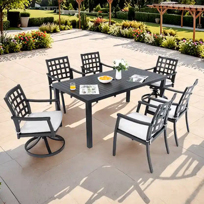 Ensemble de salle à manger d'extérieur 7 pièces Modern Classic, une table rectangulaire, six chaises (4 fixes, 2 pivotantes et inclinables)