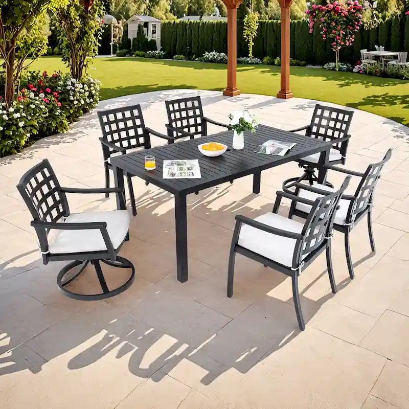 Ensemble de salle à manger d'extérieur 7 pièces Modern Classic, une table rectangulaire, six chaises (4 fixes, 2 pivotantes et inclinables)