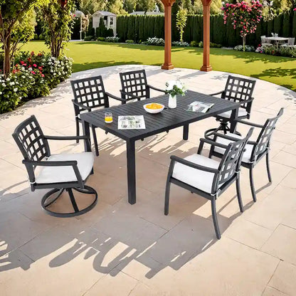 Ensemble de salle à manger d'extérieur 7 pièces Modern Classic, une table rectangulaire, six chaises (4 fixes, 2 pivotantes et inclinables)