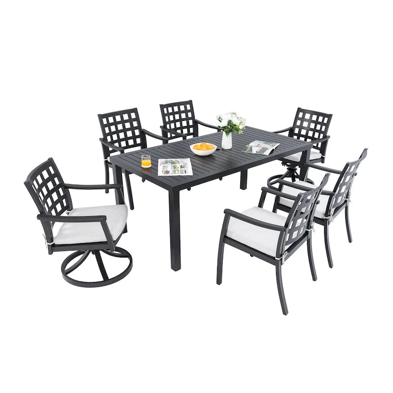 Ensemble de salle à manger d'extérieur 7 pièces Modern Classic, une table rectangulaire, six chaises (4 fixes, 2 pivotantes et inclinables)