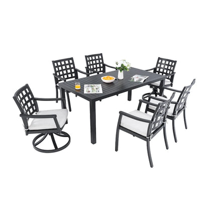 Ensemble de salle à manger d'extérieur 7 pièces Modern Classic, une table rectangulaire, six chaises (4 fixes, 2 pivotantes et inclinables)
